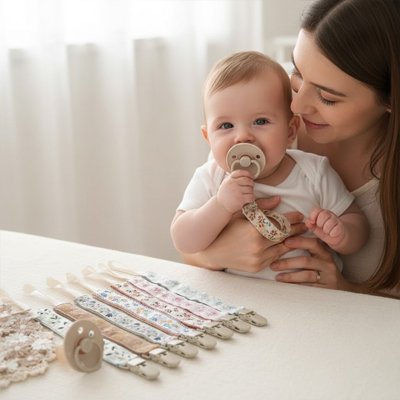 bébé porte attache tétine fleur jolie avec maman au salon