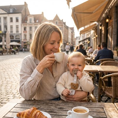 bébé porte attache tetine ourson avec maman au café