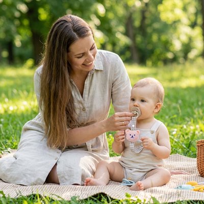 bébé porte attache tetine ourson avec maman au parc 