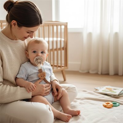 bébé porte attache tetine ourson babysécur au salon avec maman