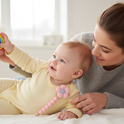 bébé porte attache tetine perle soft avec maman