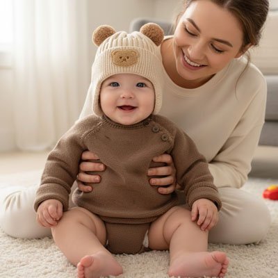 bébé porte bonnet bebe douceur protectrice avec maman sur le tapis