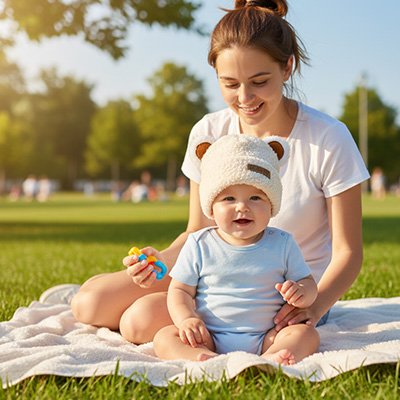 bébé porte bonnet bébé fille velouté avec maman au parc 