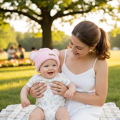 bébé porte bonnet bébé fille velouté  avec maman  