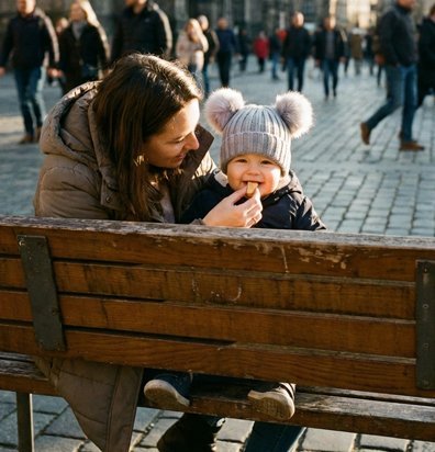 bébé porte bonnet bebe ultra-doux avec maman assis sur un banc