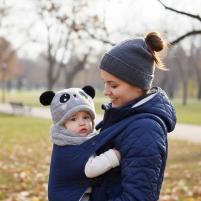 bébé porte cagoule bebe douce et chaude au parc avec maman