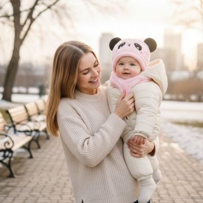 bébé porte cagoule bebe douce et chaude avec maman au parc