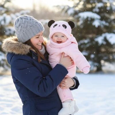 bébé porte cagoule bebe douce et chaude avec maman en hiver