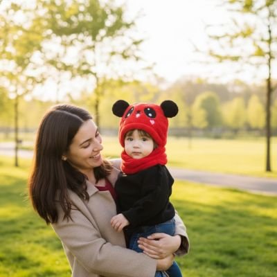 bébé porte cagoule bebe douce et chaude rouge avec maman