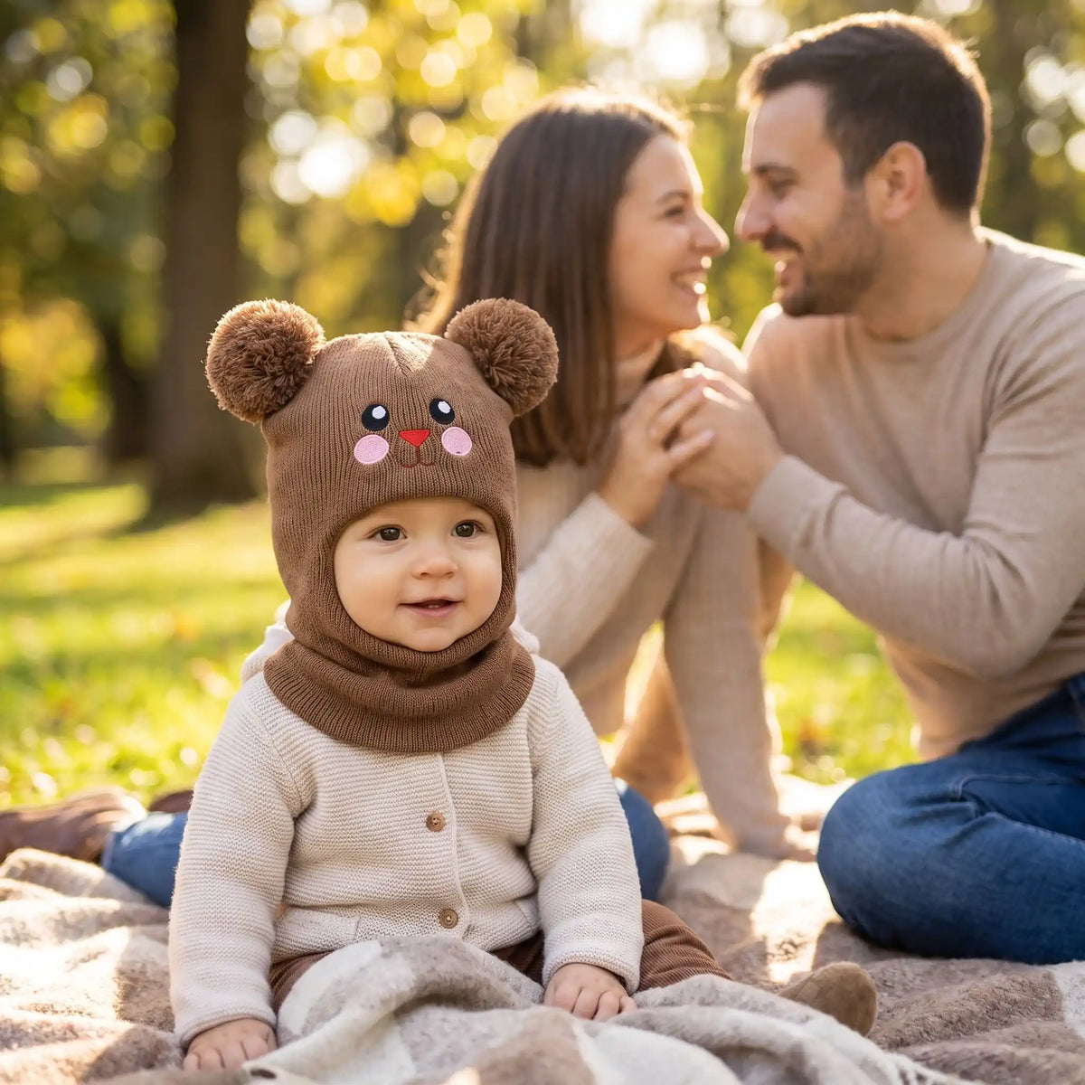 bébé porte cagoule laine enfant doudou au parc avec famille