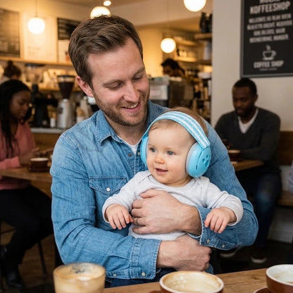 bébé porte casque anti bruit bébé doucia avec papa au café