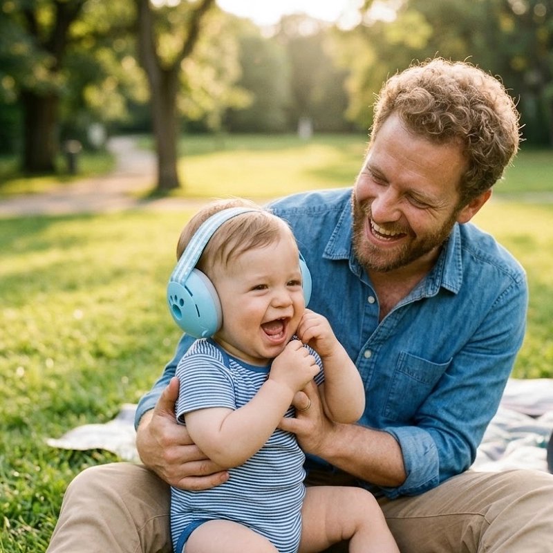 bébé porte casque anti bruit bébé doucia avec papa 