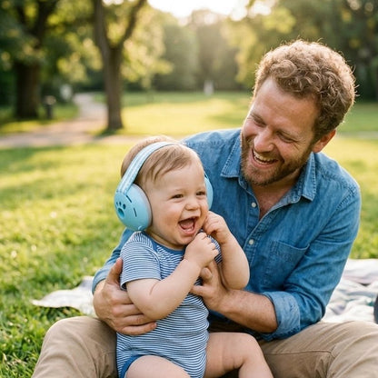 bébé porte casque anti bruit bébé doucia avec papa 