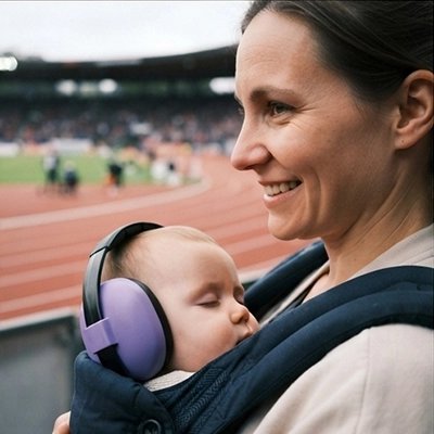 bébé porte casque anti bruit bebe paisible avec maman au stade