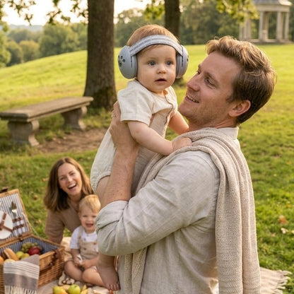 bébé porte casque anti bruit bébé sereinbaby avec famille au parc