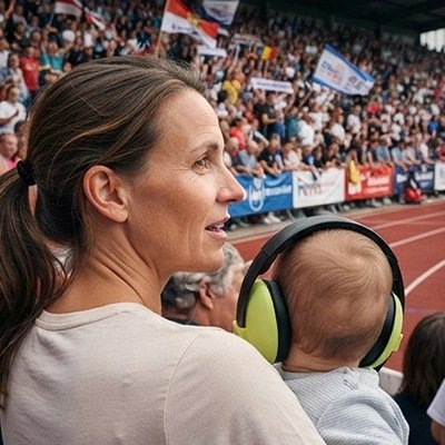 bébé porte casque anti bruit bebe zen au stade avec maman