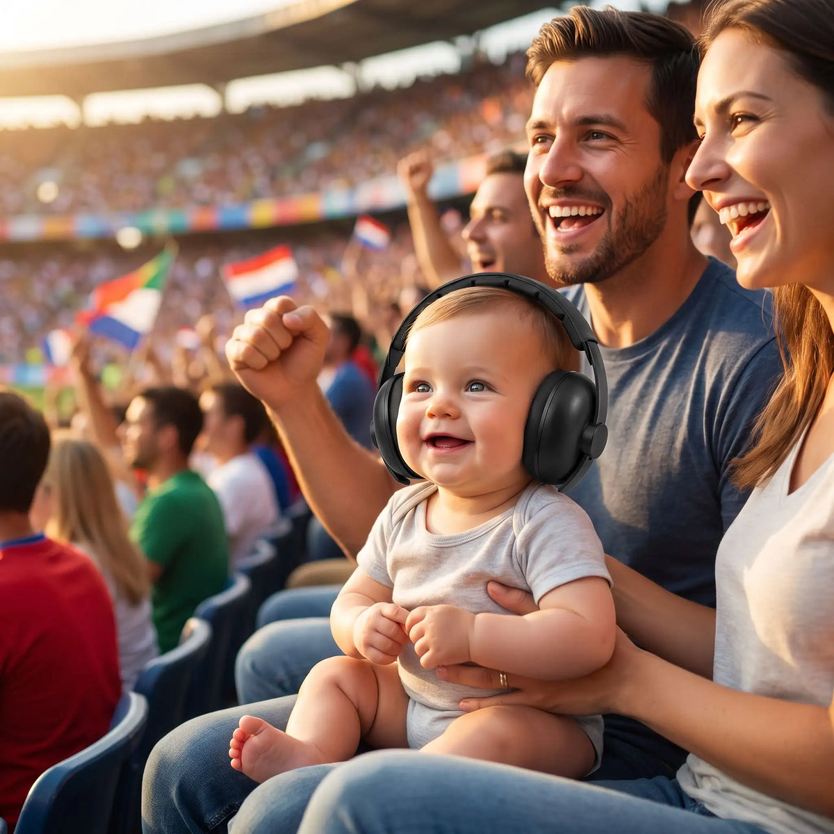 bébé porte casque anti bruit enfant relax au stade avec famille
