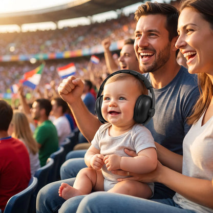 bébé porte casque anti bruit enfant relax au stade avec famille