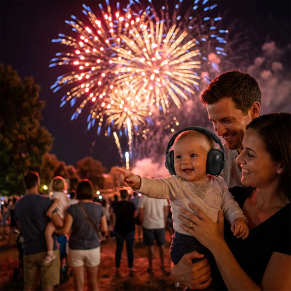 bebe porte casque anti bruit enfant relax aux feux d'artifice avec famille