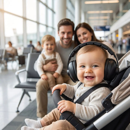 bebe porte casque anti bruit enfant relax avec famille à l'aéroport