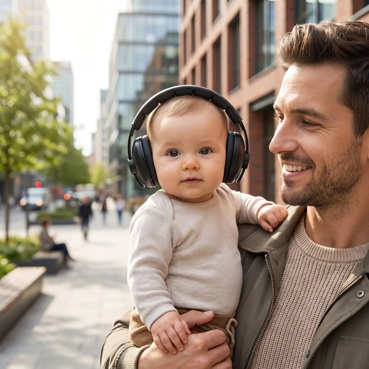 bebe porte casque anti bruit enfant relax avec papa en ville