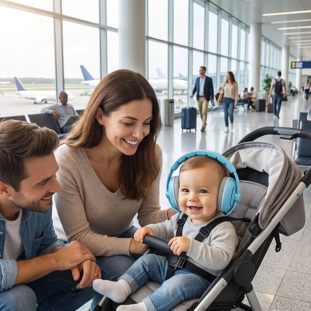 bébé porte casque anti bruit nourrisson light avec famille à l'aéroport