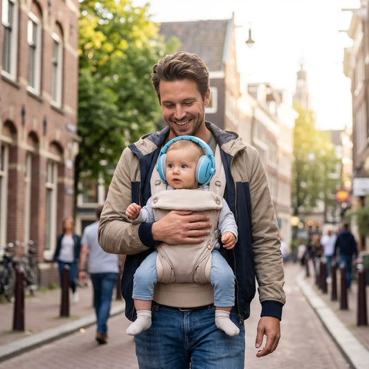 bébé porte casque anti bruit nourrisson light avec papa en ville