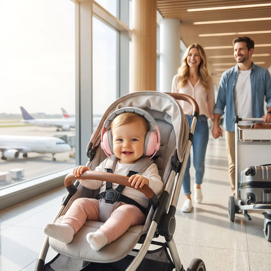 bébé porte casque antibruit bebe balade avec famille à l'aéroport 
