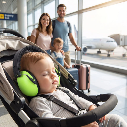 bébé porte casque antibruit bebe cool avec famille à l'aéroport