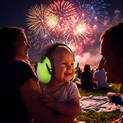 bébé porte casque antibruit bebe cool avec famille aux feux d'artifice