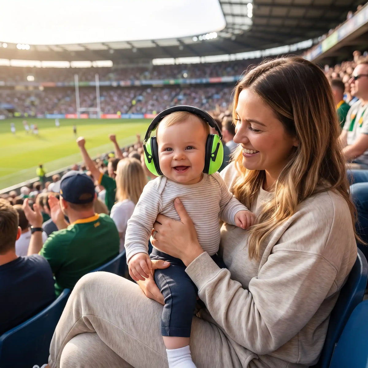 bébé porte casque antibruit bebe cool avec maman au stade