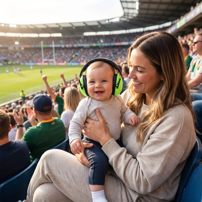 bébé porte casque antibruit bebe cool avec maman au stade