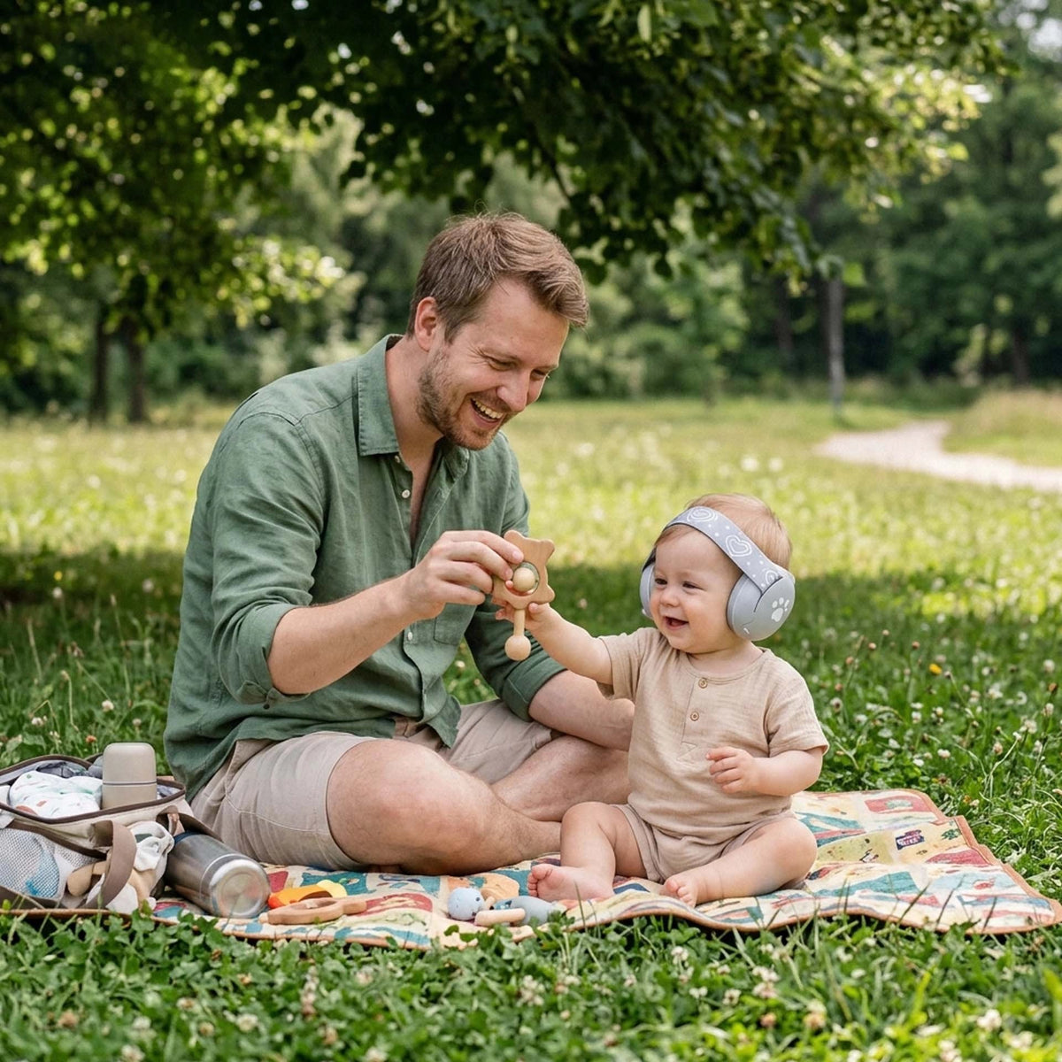 bébé porte casque bébé anti bruit serenity avec papa au parc