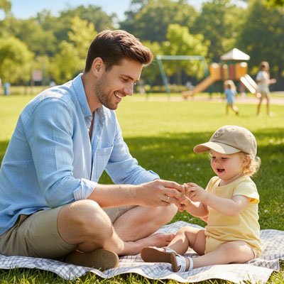 bébé porte casquette bebe 2 ans bouclier avec papa au parc