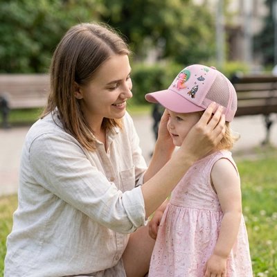 bébé porte casquette bebe 2 ans protect au parc avec maman 