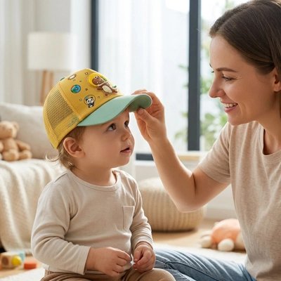 bébé porte casquette bebe 2 ans protect avec maman au salon