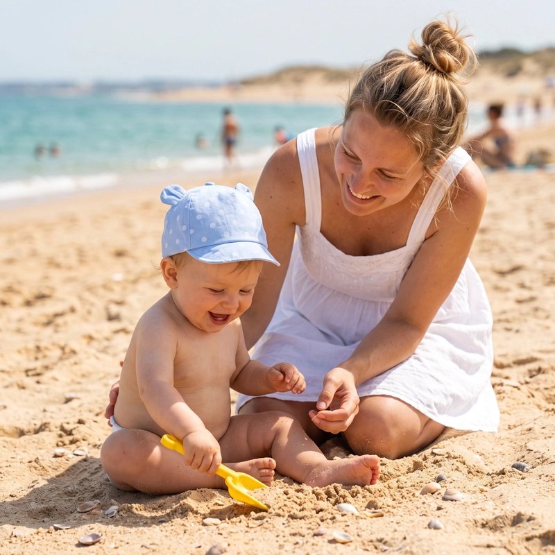 bébé porte casquette bebe anti uv protect avec maman à la plage