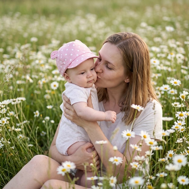 bébé porte casquette bebe anti uv protect avec maman au jardin