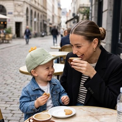bébé porte casquette bébé fille ajustable avec maman au café