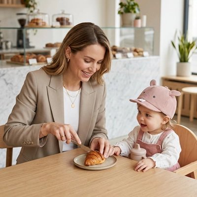 bébé porte casquette bébé fille ajustable avec maman dans cuisine