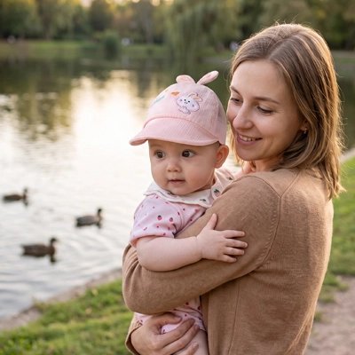 bébé porte casquette bébé fille sunnykids avec maman au bord d'eau