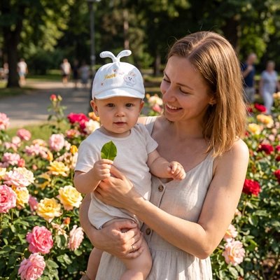bébé porte casquette bébé fille sunnykids avec maman au jardin