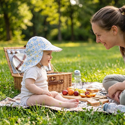 bébé porte casquette bebe soleil doux au parc avec maman