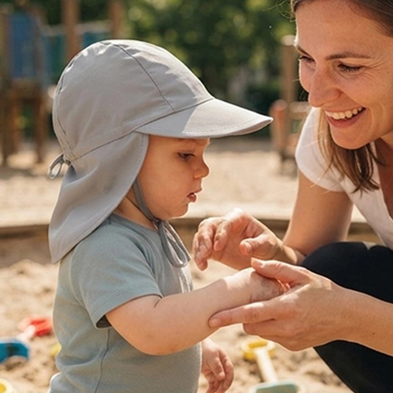bébé porte casquette pour bébé babysmile sur plage avec maman