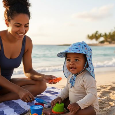 bébé porte casquette pour bébé soft avec maman sur la plage