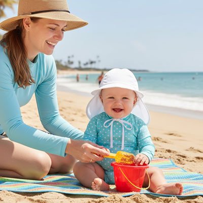 bébé porte casquette pour bébé soft sur la plage avec maman 