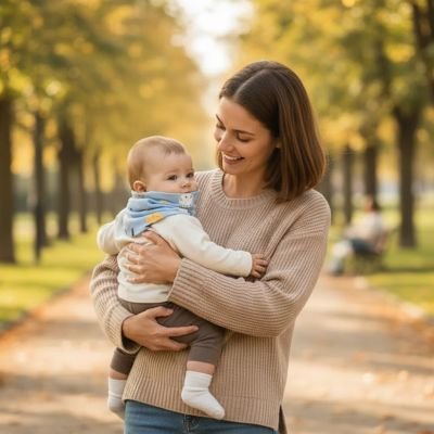 bébé porte tour de cou bébé sécurisé avec maman au parc 