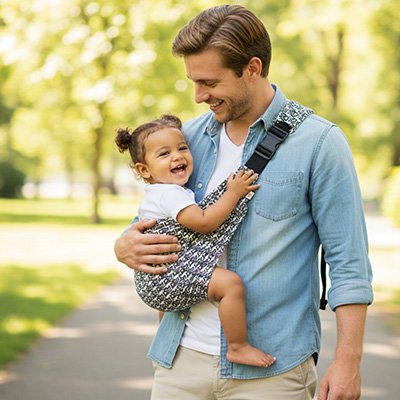bébé souriant en echarpe de portage bebe sécuconfort avec papa 