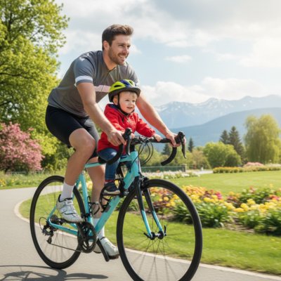 bébé sur porte bebe pour velo babyride avec papa au parc