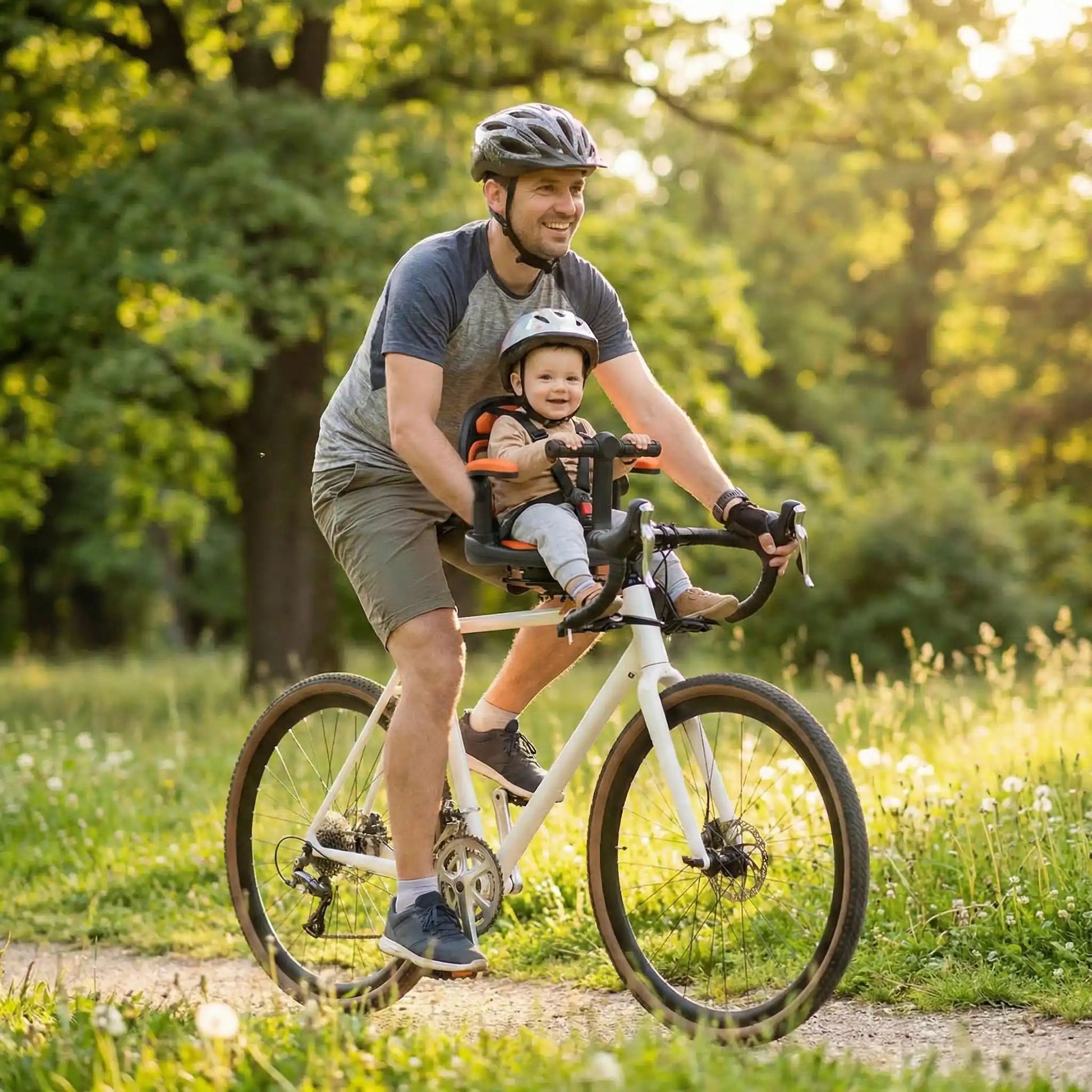 bébé sur porte bébé vélo adventurer avec papa au bois